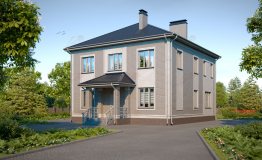 Проект двухэтажного дома в классическом стиле с террасой влево